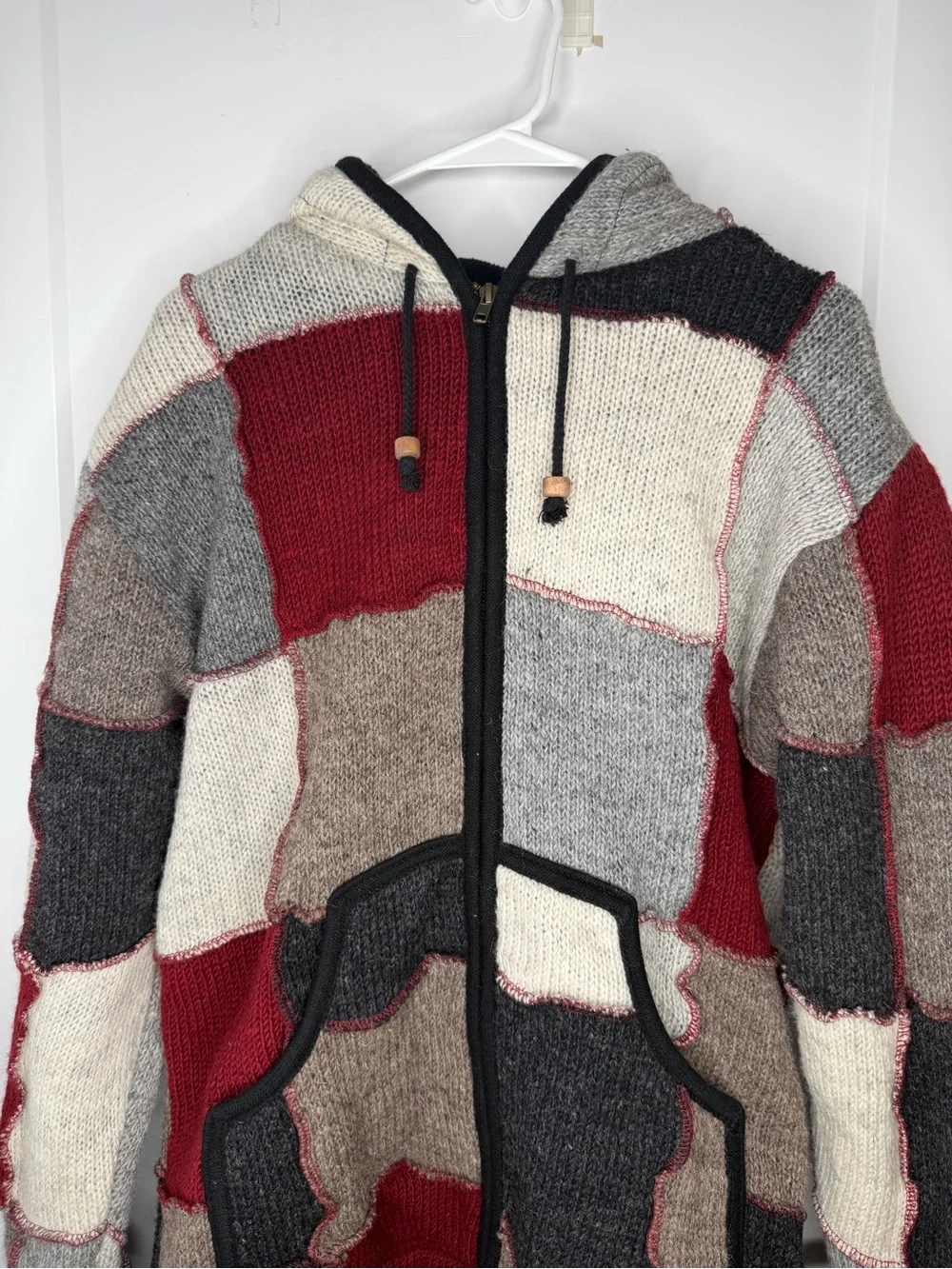 Patchwork Hooded Zip Jacket - Red, Gray & Cream